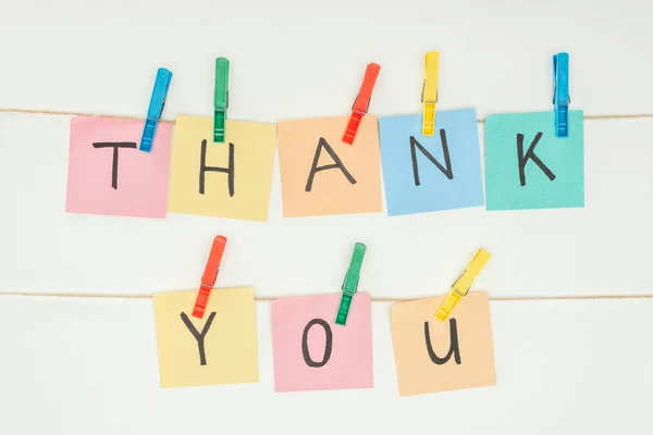 Colorful Sticky Notes Spelling Thank You Lace Clothespins Isolated White — Stock Photo, Image