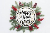 Ansicht von Tannenbaumkranz mit Weihnachtsschmuck mit Schriftzug Frohes neues Jahr 2019 in der Mitte isoliert auf weiß