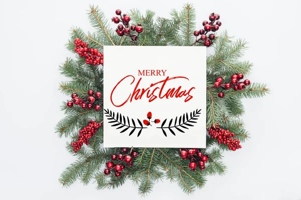 Top View Pine Tree Wreath Christmas Decorations Merry Christmas Lettering — Free Stock Photo