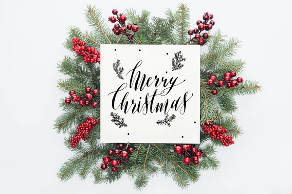 Top View Pine Tree Wreath Christmas Decorations Merry Christmas Lettering — Stock Photo, Image