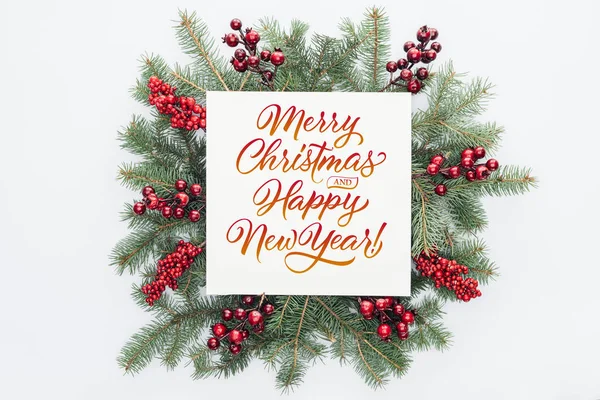 Top View Pine Tree Wreath Christmas Decorations Merry Christmas Happy — Stock Photo, Image