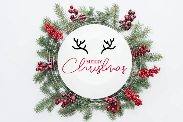 Top View Pine Tree Wreath Christmas Decorations Merry Christmas Lettering — Stock Photo, Image