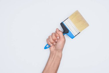 beyaz izole boya fırçası tutan adamın kırpılmış atış