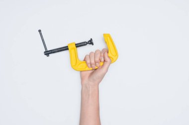 cropped shot of woman holding vise tool isolated on white