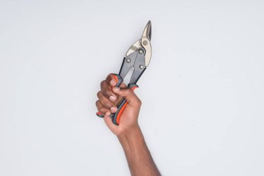 bir Afrikalı-Amerikalı adam beyaz izole tel pense tutan kırpılmış atış