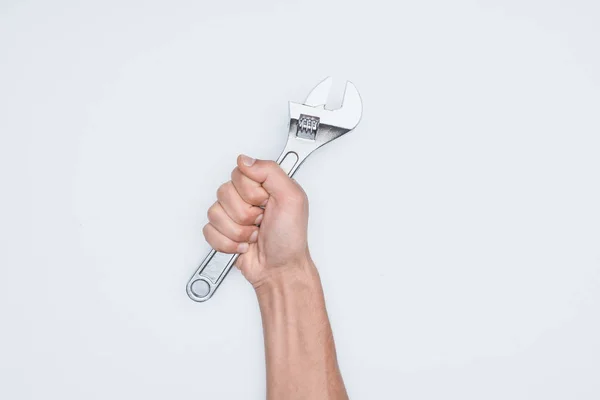Cropped Shot Man Holding Adjustable Wrench Isolated White — Stock Photo, Image