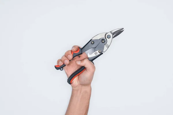 Cropped Shot Man Holding Wire Pliers Isolated White — Stock Photo, Image