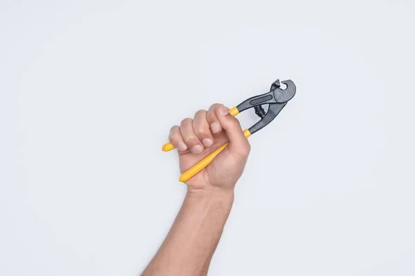 Cropped Shot Man Holding Cutting Pliers Isolated White — Stock Photo, Image