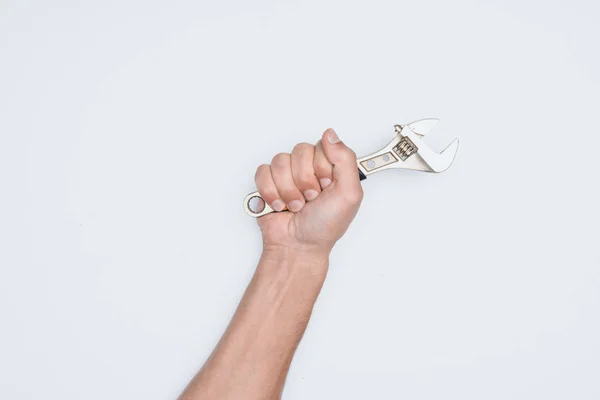 Cropped Shot Man Holding Pipe Wrench Isolated White — Stock Photo, Image