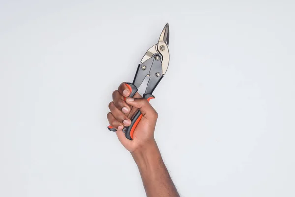 Cropped Shot African American Man Holding Wire Pliers Isolated White — Stock Photo, Image