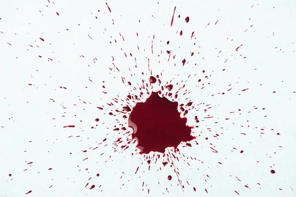 Vista Superior Respingo Sangue Com Pequenas Gotas Superfície Branca — Fotografia de Stock