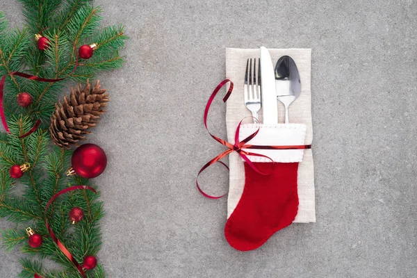 Flat Lay Fork Spoon Knife Santa Sock Wrapped Red Ribbon — Stock Photo, Image