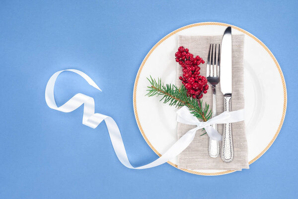 view from above of plate with fork, knife, evergreen branch and red berries on plate isolated on green 