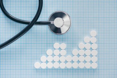 view from above of stethoscope and arranged white pills on blue checkered surface clipart