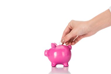 cropped image of woman putting pill into pink piggy bank isolated on white clipart