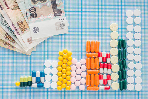 top view of arranged stacks of white pills near russian rubles on blue checkered surface