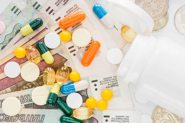 Vue Dessus Diverses Pilules Colorées Roubles Russes Sur Surface — Photo
