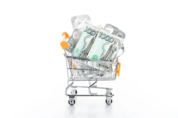 Trolley Cart Russian Cash Money Empty Pills Packages Isolated White — Stock Photo, Image