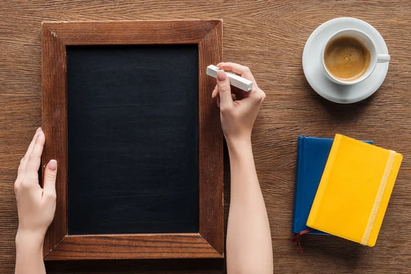 Cropped View Woman Writing Chalk Blank Wooden Board — Stock Photo, Image