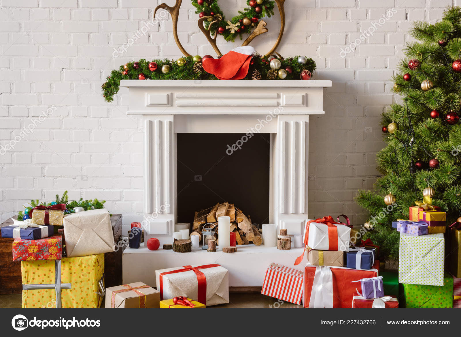 Festive Decorations Fireplace Gift Boxes Christmas Tree Stock