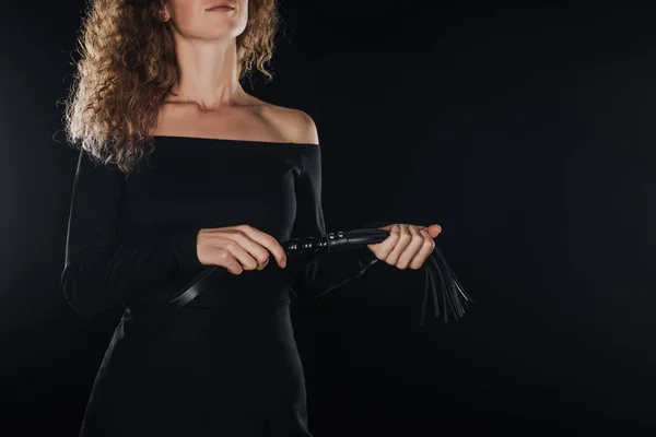 Adult Woman Holding Leather Flogging Whip Isolated Black — Free Stock Photo