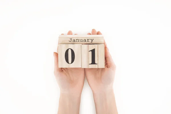 Μερική Άποψη Της Γυναίκας Εκμετάλλευση Ξύλινων Κύβων Ιανουαρίου Ημερομηνία Απομονωθεί — Φωτογραφία Αρχείου