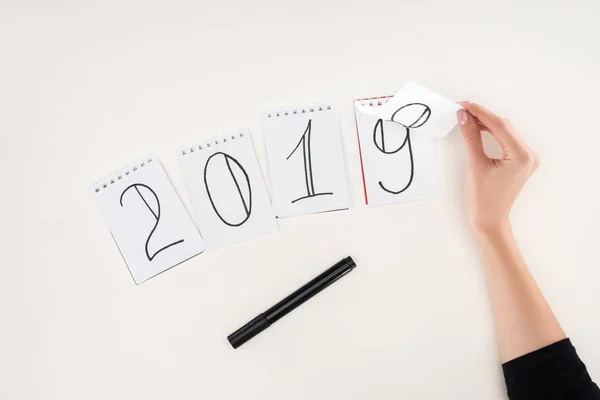 Partial View Woman Flipping Date Written Notes Symbolizing Change 2018 — Stock Photo, Image