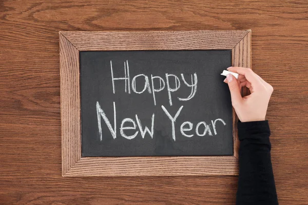 Partial View Woman Writing Happy New Year Text Chalk Board — Stock Photo, Image