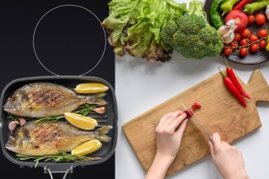atış chili biber kesme ve yemek lezzetli kızarmış balık kişinin kırpılmış