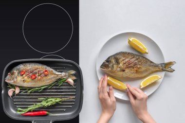 yemek lezzetli dorado balık limonlu kişi resmini kırpılmış