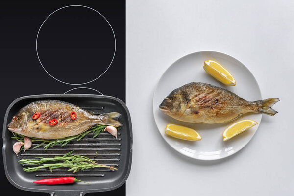 top view of delicious fried fish on plate and on grill