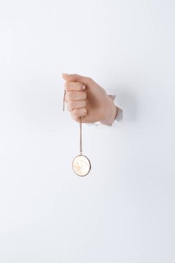 cropped image of woman holding hand with stylish round locket with marble through white paper clipart