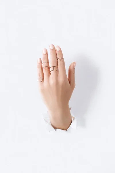 Cropped Image Woman Showing Hand Beautiful Luxury Silver Rings White — Stock Photo, Image