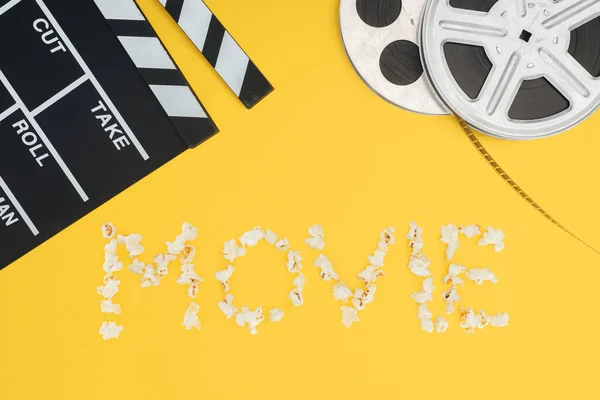 Clapperboard Film Reels Movie Lettering Made Popcorn Isolated Yellow — Stock Photo, Image