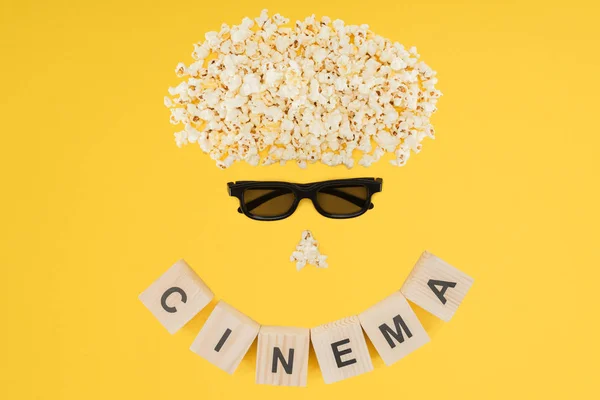 Stereoskopisk Glasögon Popcorn Och Kuber Med Cinema Bokstäver Isolerad Gul — Stockfoto