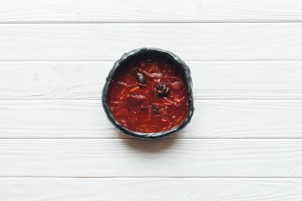 Top View Traditional Beetroot Soup Bowl White Wooden Background — Stock Photo, Image