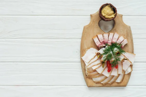 Top View Traditional Sliced Smoked Lard Mustard Cutting Board White — Stock Photo, Image