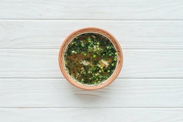 Top View Tasty Traditional Fish Soup Green Onion White Wooden — Stock Photo, Image