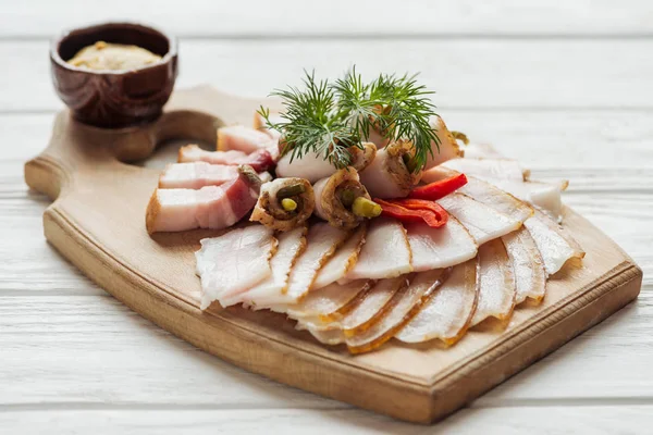 Delicious Traditional Sliced Smoked Lard Mustard Cutting Board White Wooden — Stock Photo, Image