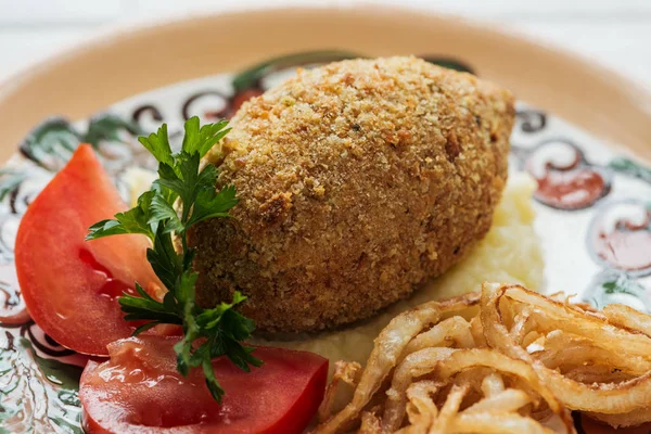 Close Chicken Kiev Mashed Potatoes Parsley Tomatoes Fried Onions Plate — Stock Photo, Image