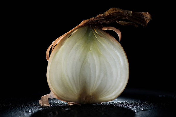 slice of raw onion with water drops on black background