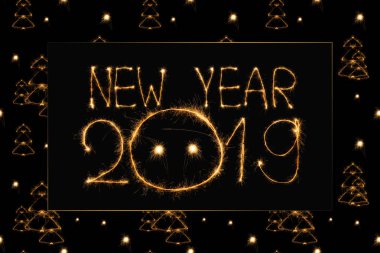 2019 new year light lettering and fir tree light signs on black background clipart