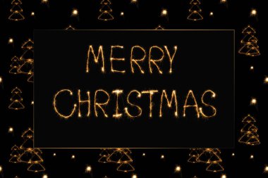 neşeli Noel ışık yazı ve köknar ağacı ışık işaretleri görünümü siyah arka plan üzerine kadar kapatın