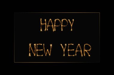 mutlu yeni yıl ışık siyah zemin üzerinde yazı görünümünü kapat