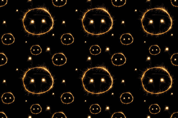 полная рамка свиной морды светлые знаки на черном фоне, новый год праздник концепции
