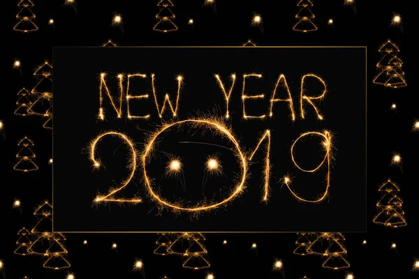 2019 New Year Light Lettering Fir Tree Light Signs Black — Stock Photo, Image