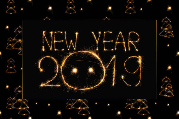 2019 new year light lettering and fir tree light signs on black background