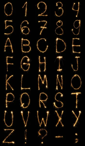 Siyah Arka Plan Üzerine Işık Ngilizce Alfabe Numaralar Görünümü Kadar — Stok fotoğraf