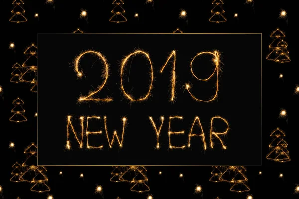 2019 New Year Light Lettering Light Fir Tree Signs Black — Stock Photo, Image