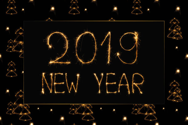 2019 new year light lettering and light fir tree signs on black background